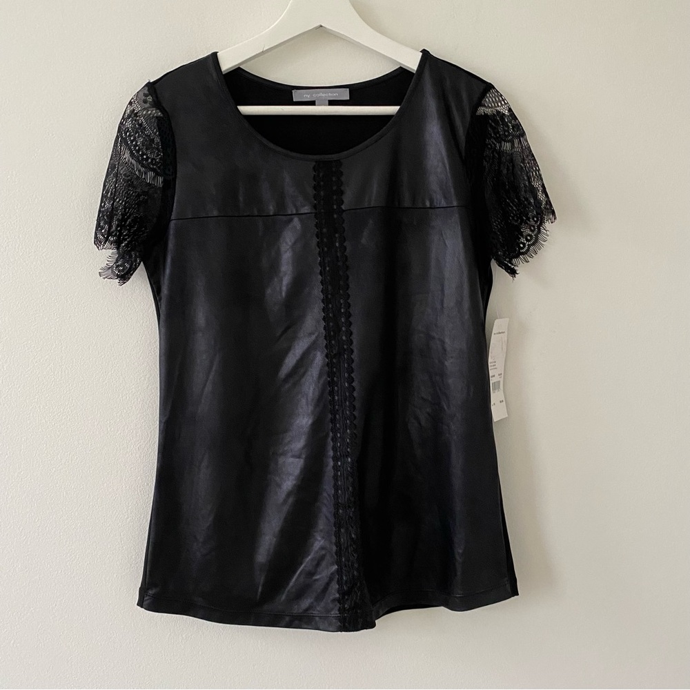 NY Collection Women’s Lace Sleeve Black Top NEW